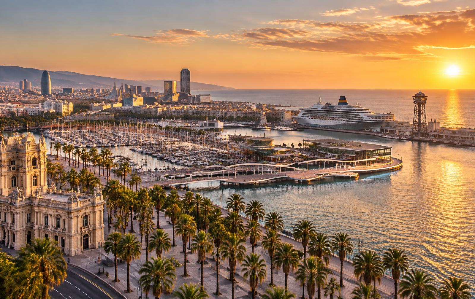 Barcelona waterfront, marina and cruise port on the Mediterranean coast
