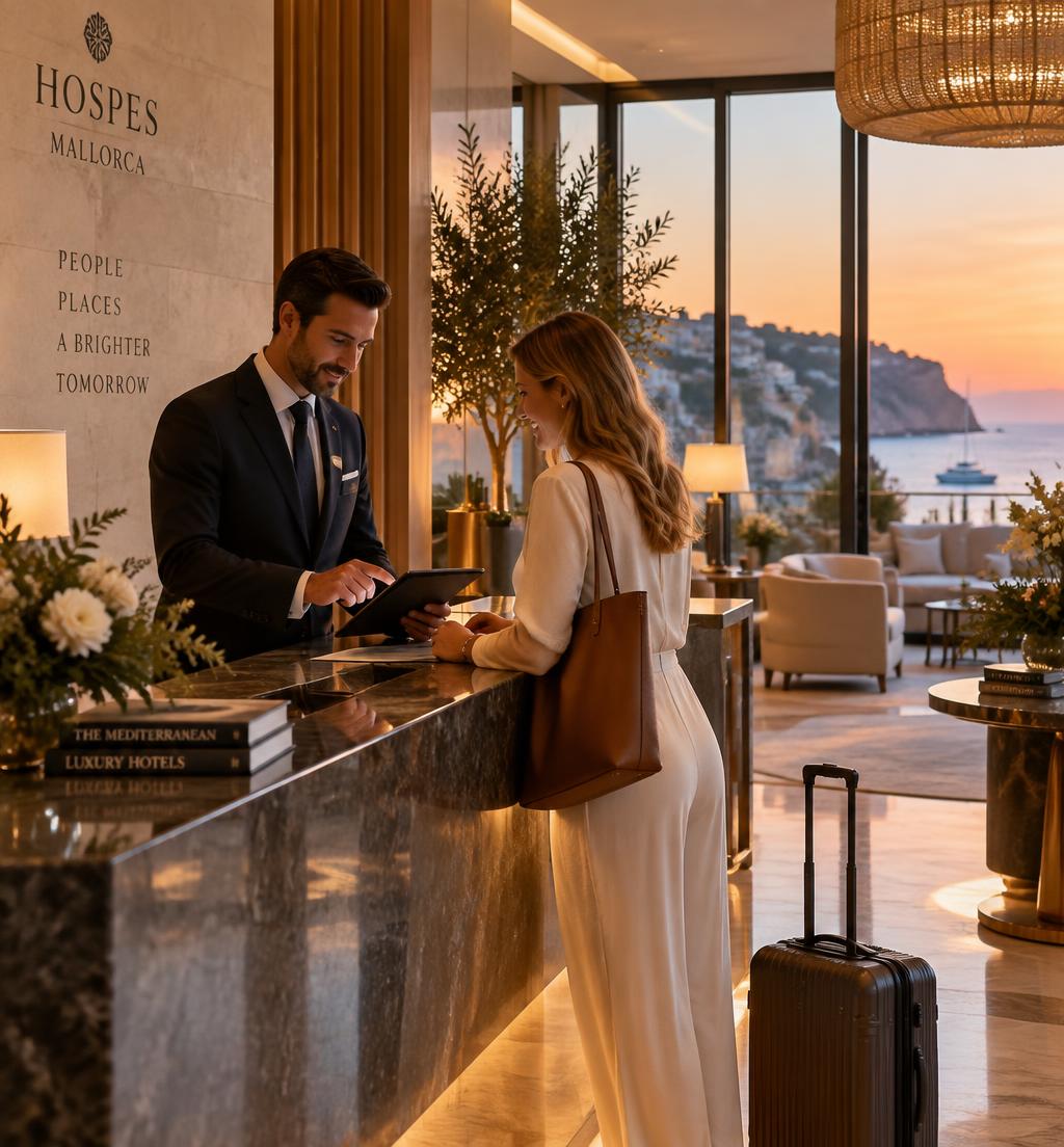 Luxury hotel concierge assisting an international guest in Spain