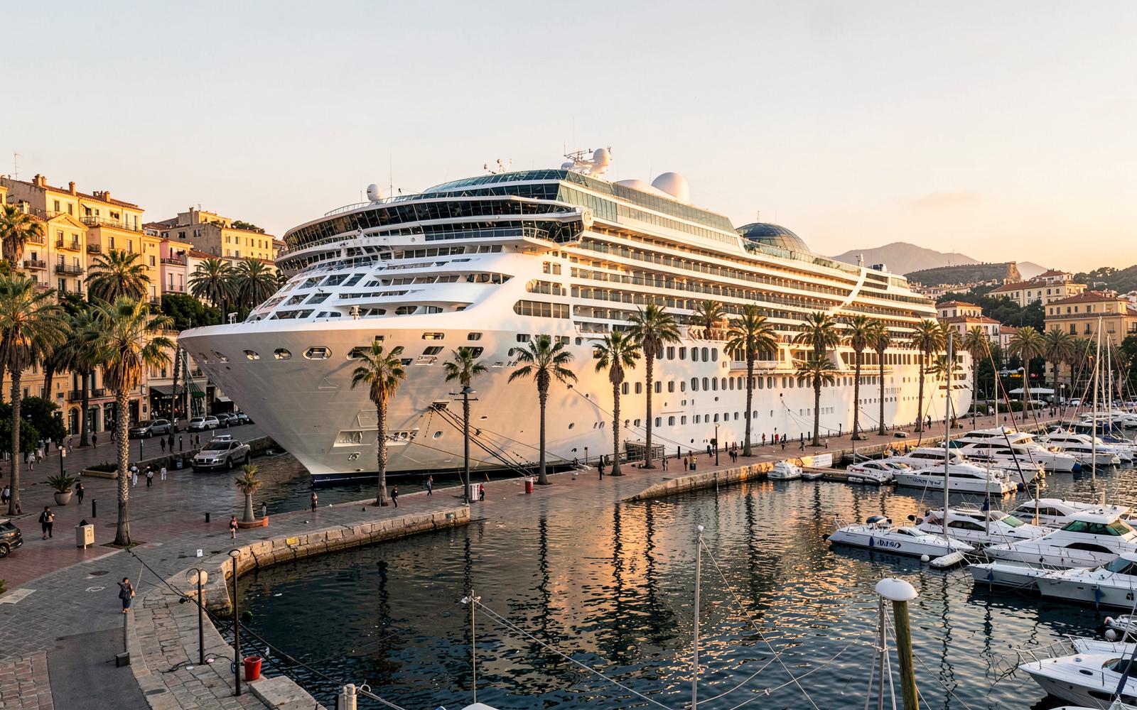 Cruise ship docked at a Spanish Mediterranean port with marina and yachts